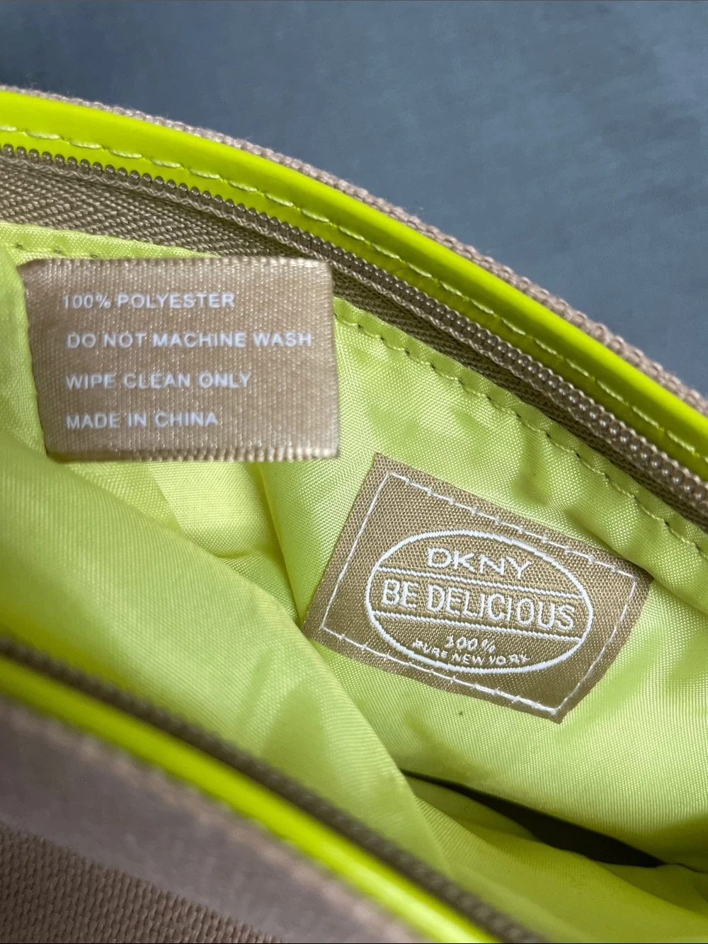 DKNY Tan Canvas 'Be Delicious' Pure New York Logo Zippered Make Up Pouch Bag